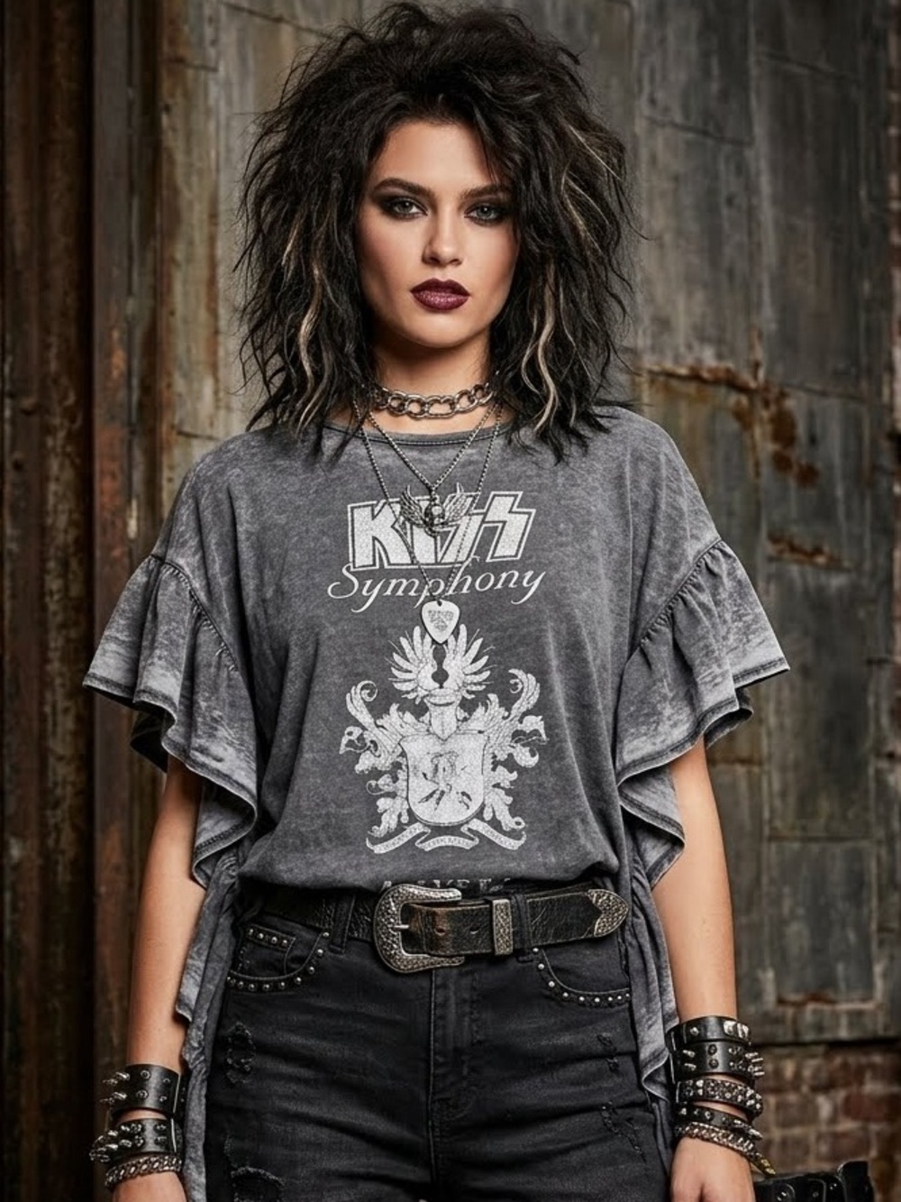 Recycled Karma KISS Symphony: Alive IV Gray Rock Ruffle Top NEW Size Small NWOT